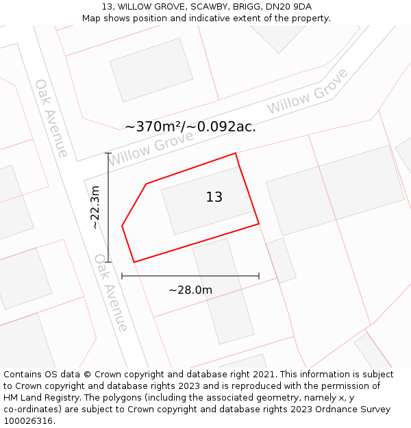 13, WILLOW GROVE, SCAWBY, BRIGG, DN20 9DA: Plot and title map