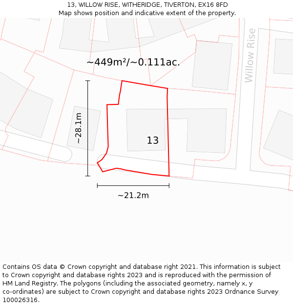 13, WILLOW RISE, WITHERIDGE, TIVERTON, EX16 8FD: Plot and title map