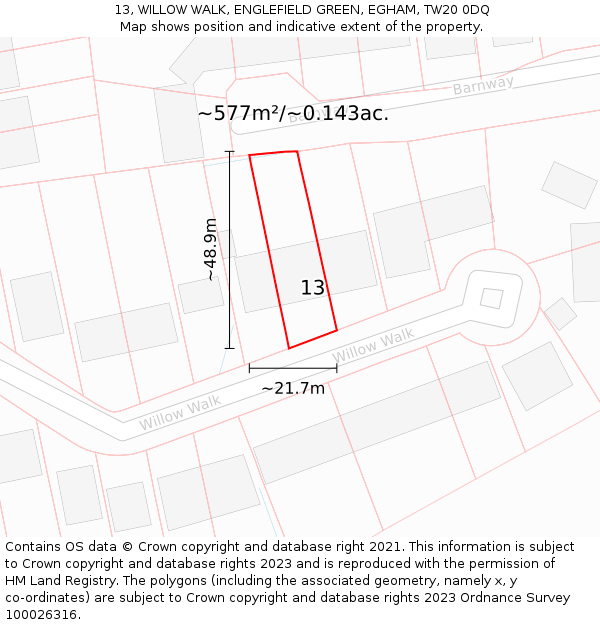 13, WILLOW WALK, ENGLEFIELD GREEN, EGHAM, TW20 0DQ: Plot and title map