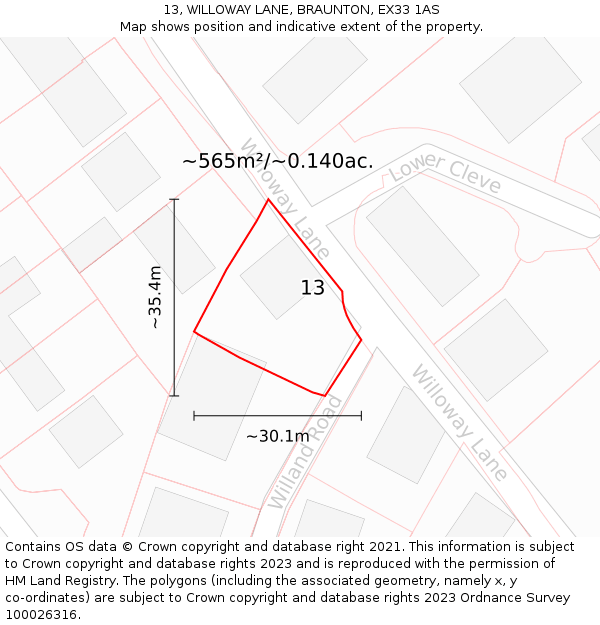 13, WILLOWAY LANE, BRAUNTON, EX33 1AS: Plot and title map