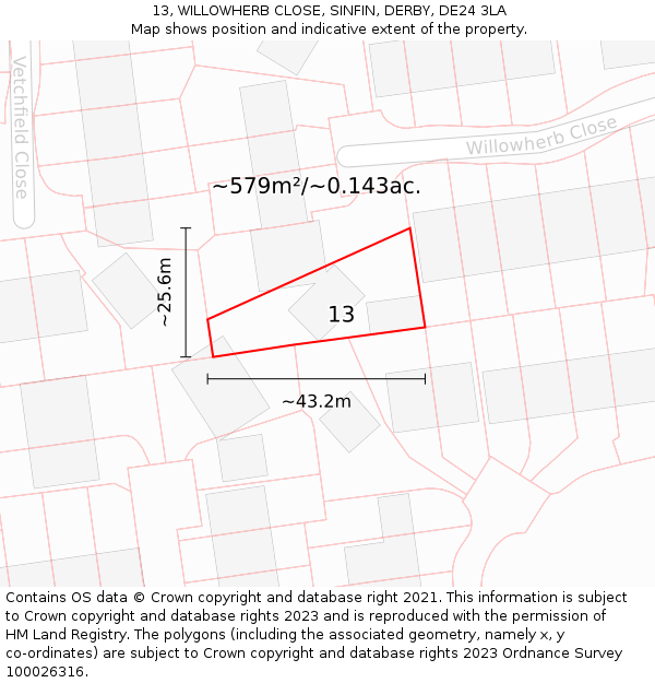 13, WILLOWHERB CLOSE, SINFIN, DERBY, DE24 3LA: Plot and title map