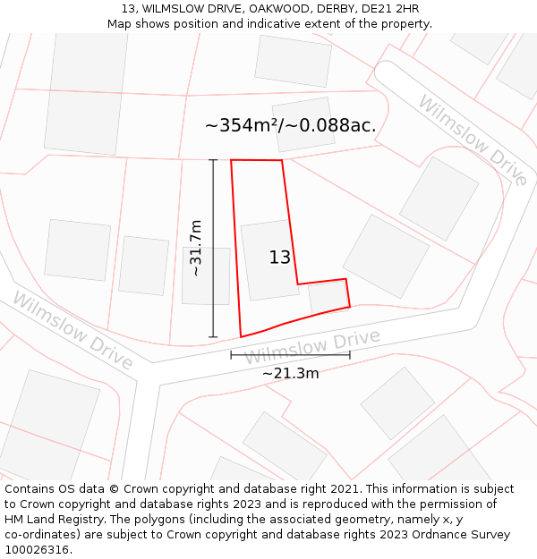 13, WILMSLOW DRIVE, OAKWOOD, DERBY, DE21 2HR: Plot and title map