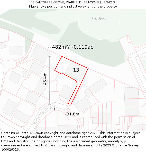 13, WILTSHIRE GROVE, WARFIELD, BRACKNELL, RG42 3JJ: Plot and title map