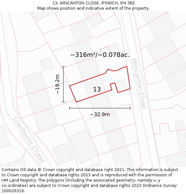 13, WINCANTON CLOSE, IPSWICH, IP4 3EE: Plot and title map