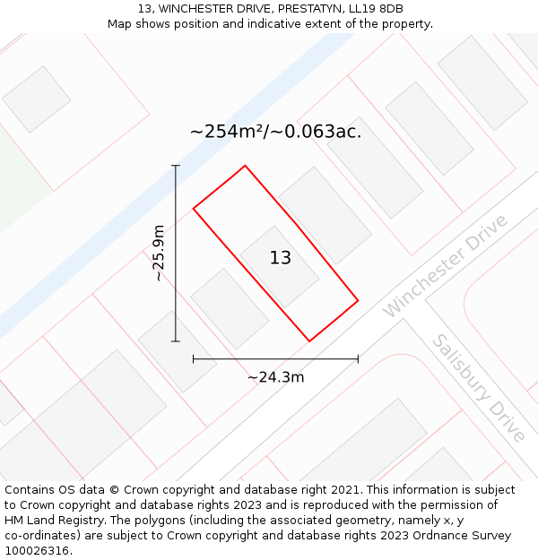 13, WINCHESTER DRIVE, PRESTATYN, LL19 8DB: Plot and title map