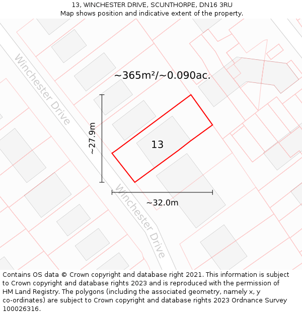 13, WINCHESTER DRIVE, SCUNTHORPE, DN16 3RU: Plot and title map