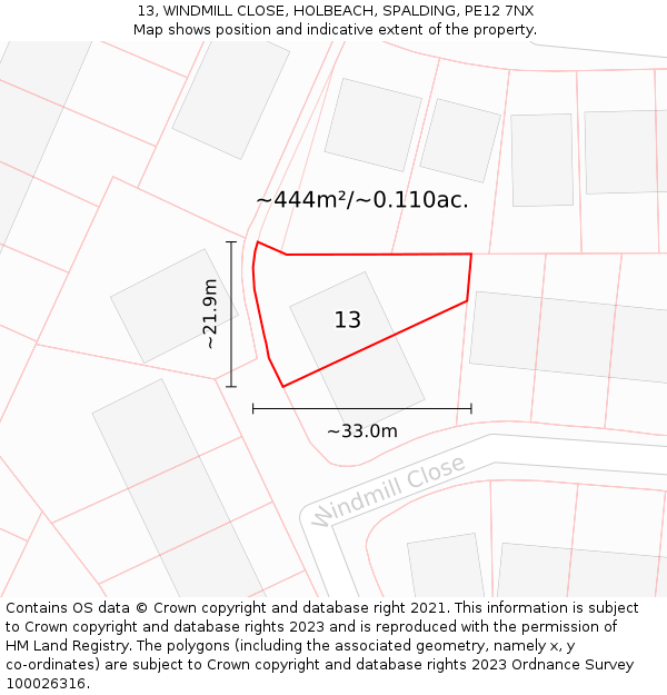 13, WINDMILL CLOSE, HOLBEACH, SPALDING, PE12 7NX: Plot and title map