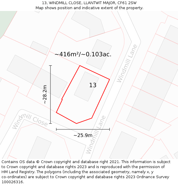 13, WINDMILL CLOSE, LLANTWIT MAJOR, CF61 2SW: Plot and title map