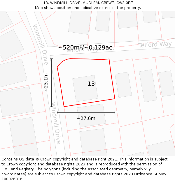 13, WINDMILL DRIVE, AUDLEM, CREWE, CW3 0BE: Plot and title map