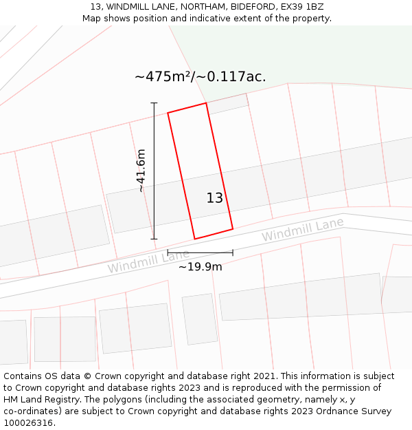 13, WINDMILL LANE, NORTHAM, BIDEFORD, EX39 1BZ: Plot and title map