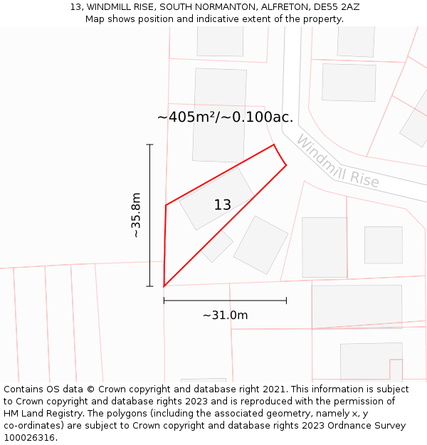 13, WINDMILL RISE, SOUTH NORMANTON, ALFRETON, DE55 2AZ: Plot and title map