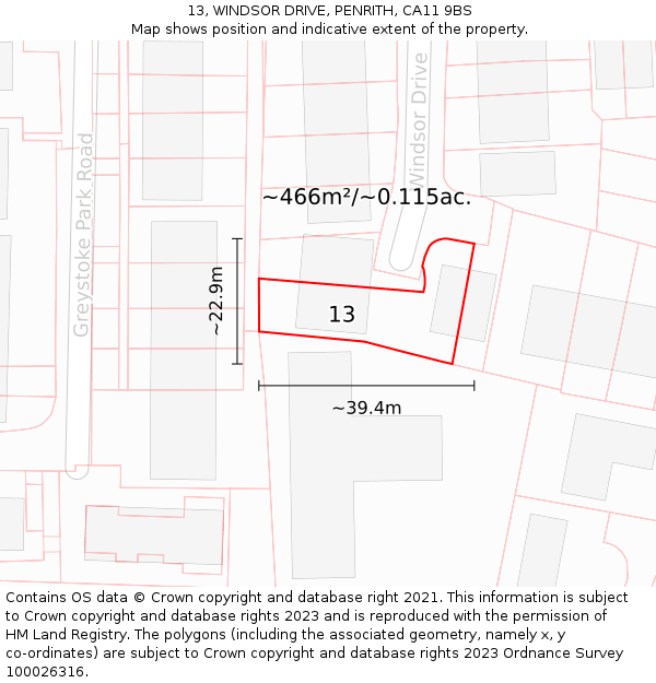 13, WINDSOR DRIVE, PENRITH, CA11 9BS: Plot and title map