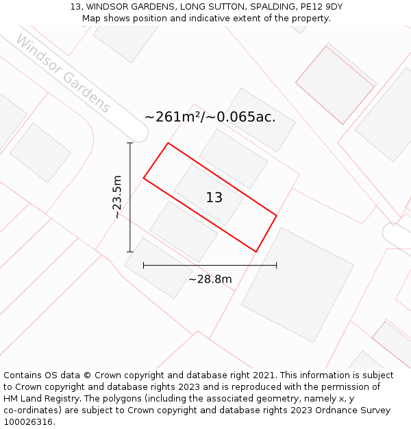 13, WINDSOR GARDENS, LONG SUTTON, SPALDING, PE12 9DY: Plot and title map