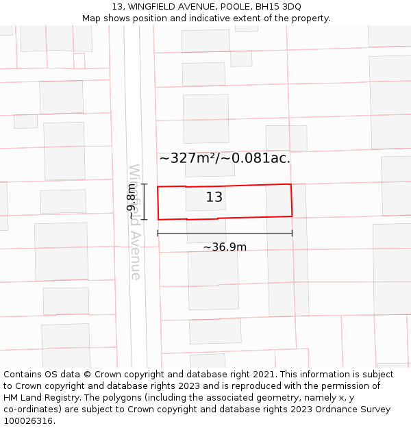 13, WINGFIELD AVENUE, POOLE, BH15 3DQ: Plot and title map