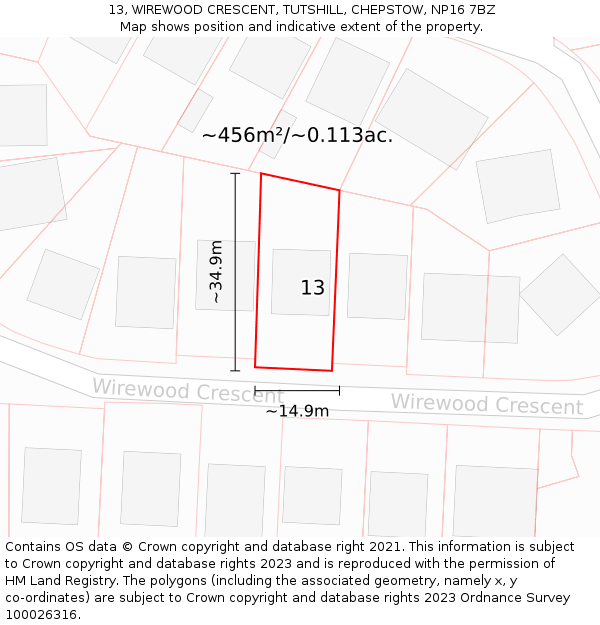 13, WIREWOOD CRESCENT, TUTSHILL, CHEPSTOW, NP16 7BZ: Plot and title map