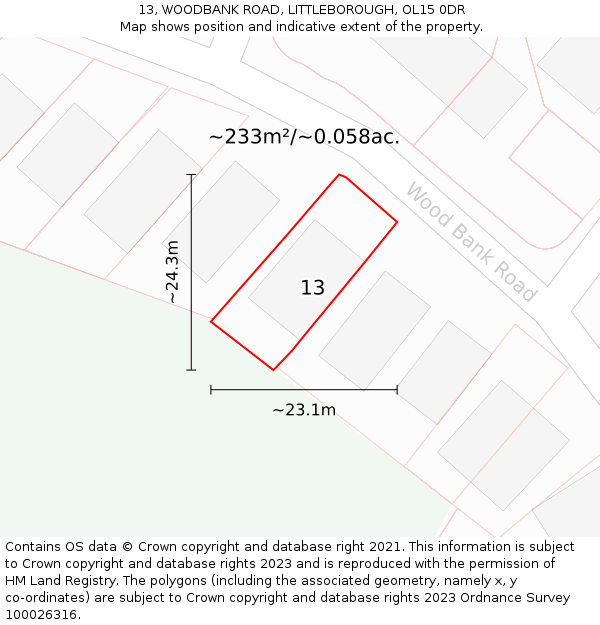 13, WOODBANK ROAD, LITTLEBOROUGH, OL15 0DR: Plot and title map