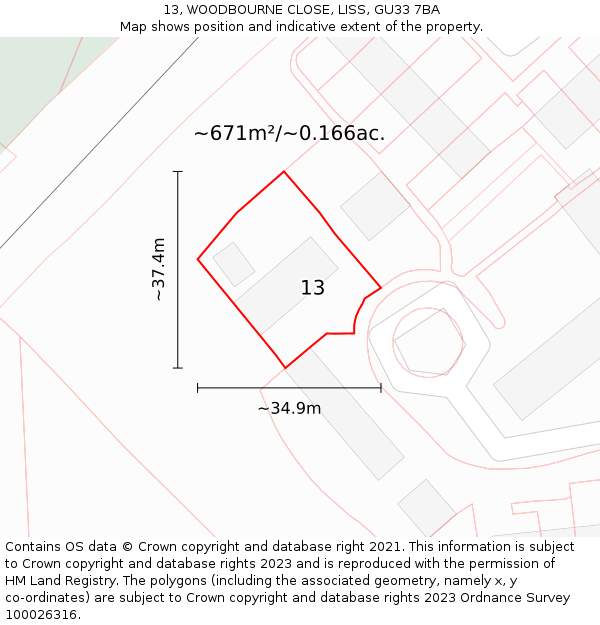 13, WOODBOURNE CLOSE, LISS, GU33 7BA: Plot and title map