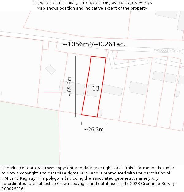 13, WOODCOTE DRIVE, LEEK WOOTTON, WARWICK, CV35 7QA: Plot and title map