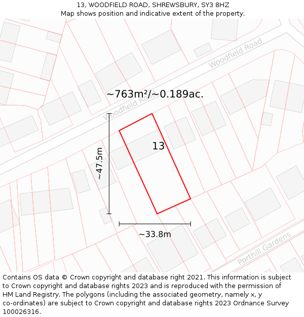 13, WOODFIELD ROAD, SHREWSBURY, SY3 8HZ: Plot and title map