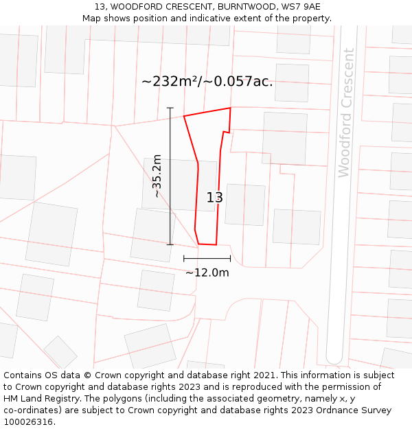 13, WOODFORD CRESCENT, BURNTWOOD, WS7 9AE: Plot and title map