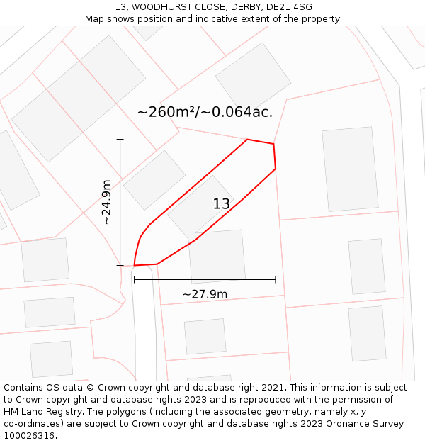 13, WOODHURST CLOSE, DERBY, DE21 4SG: Plot and title map