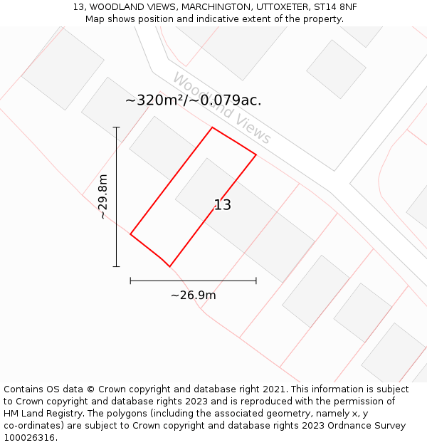 13, WOODLAND VIEWS, MARCHINGTON, UTTOXETER, ST14 8NF: Plot and title map