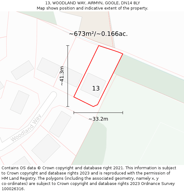 13, WOODLAND WAY, AIRMYN, GOOLE, DN14 8LY: Plot and title map
