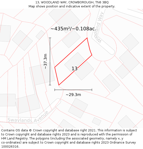 13, WOODLAND WAY, CROWBOROUGH, TN6 3BQ: Plot and title map