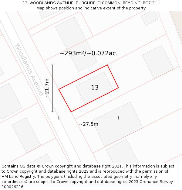 13, WOODLANDS AVENUE, BURGHFIELD COMMON, READING, RG7 3HU: Plot and title map