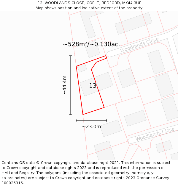 13, WOODLANDS CLOSE, COPLE, BEDFORD, MK44 3UE: Plot and title map