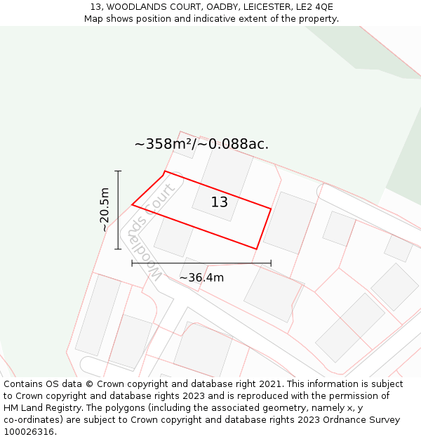 13, WOODLANDS COURT, OADBY, LEICESTER, LE2 4QE: Plot and title map