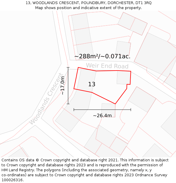 13, WOODLANDS CRESCENT, POUNDBURY, DORCHESTER, DT1 3RQ: Plot and title map