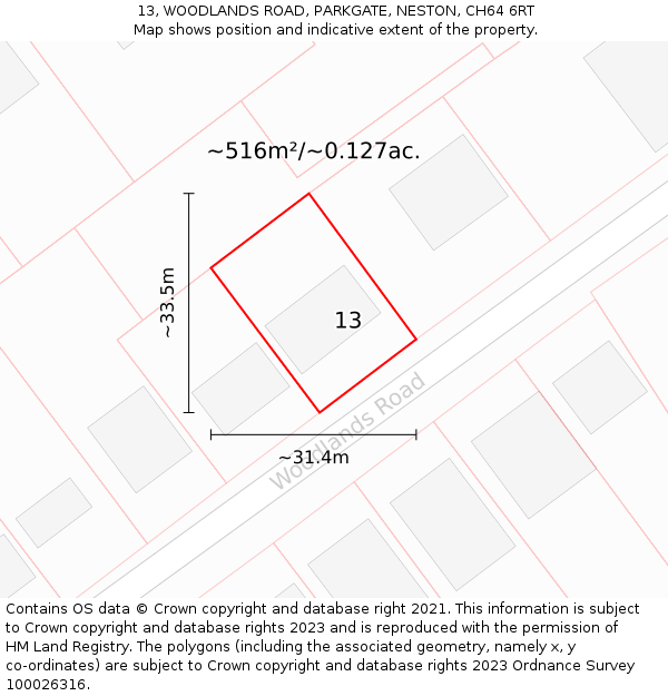 13, WOODLANDS ROAD, PARKGATE, NESTON, CH64 6RT: Plot and title map