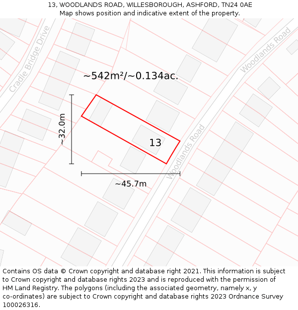 13, WOODLANDS ROAD, WILLESBOROUGH, ASHFORD, TN24 0AE: Plot and title map