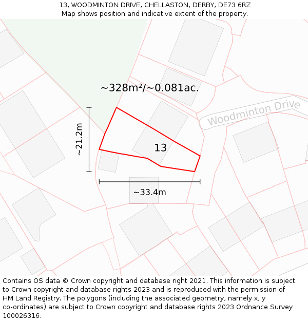 13, WOODMINTON DRIVE, CHELLASTON, DERBY, DE73 6RZ: Plot and title map
