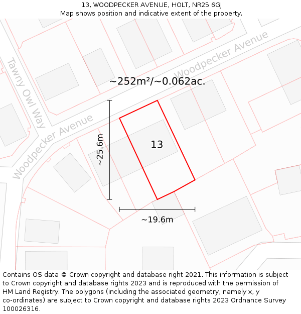 13, WOODPECKER AVENUE, HOLT, NR25 6GJ: Plot and title map