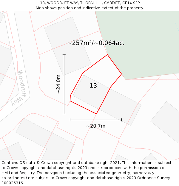 13, WOODRUFF WAY, THORNHILL, CARDIFF, CF14 9FP: Plot and title map