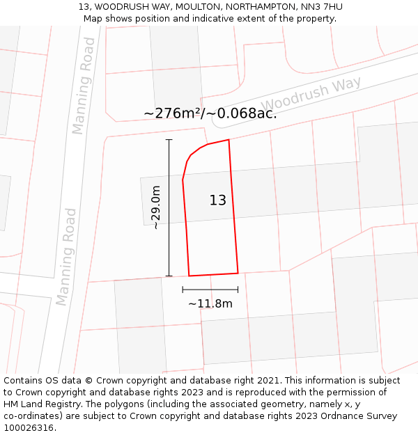 13, WOODRUSH WAY, MOULTON, NORTHAMPTON, NN3 7HU: Plot and title map
