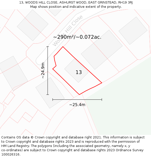 13, WOODS HILL CLOSE, ASHURST WOOD, EAST GRINSTEAD, RH19 3RJ: Plot and title map