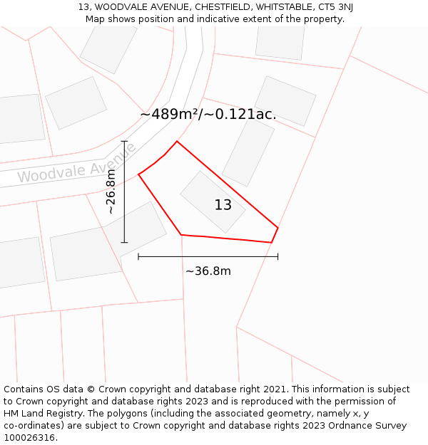 13, WOODVALE AVENUE, CHESTFIELD, WHITSTABLE, CT5 3NJ: Plot and title map