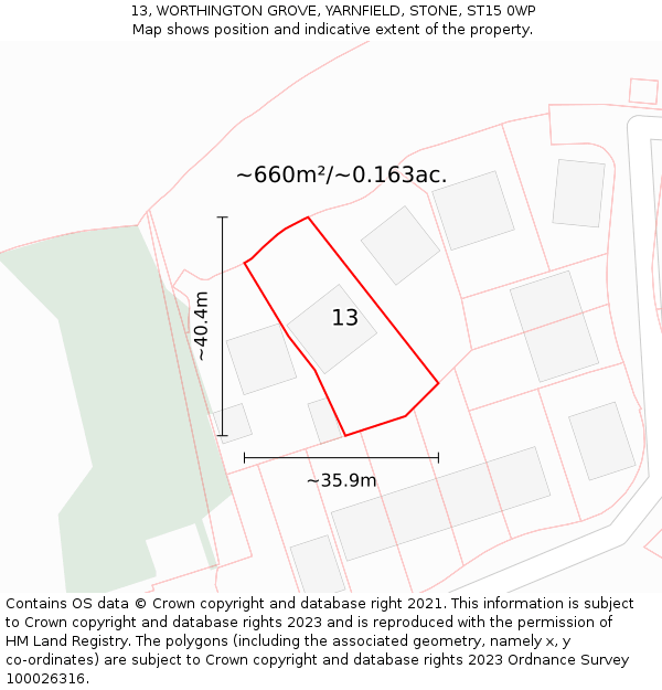 13, WORTHINGTON GROVE, YARNFIELD, STONE, ST15 0WP: Plot and title map