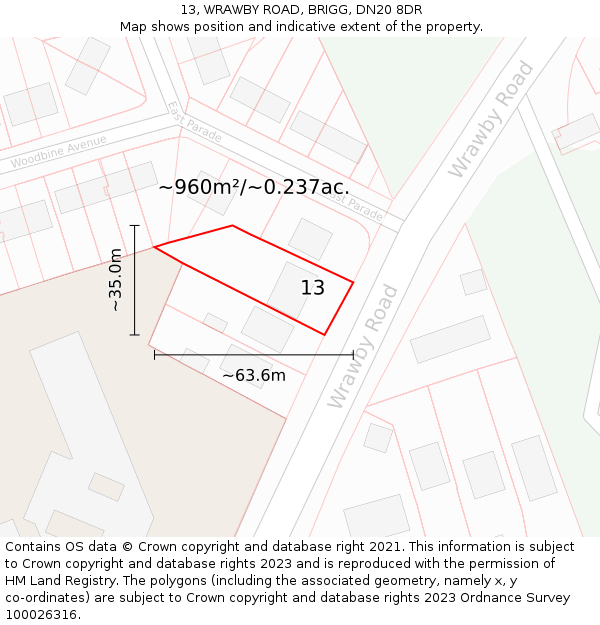 13, WRAWBY ROAD, BRIGG, DN20 8DR: Plot and title map