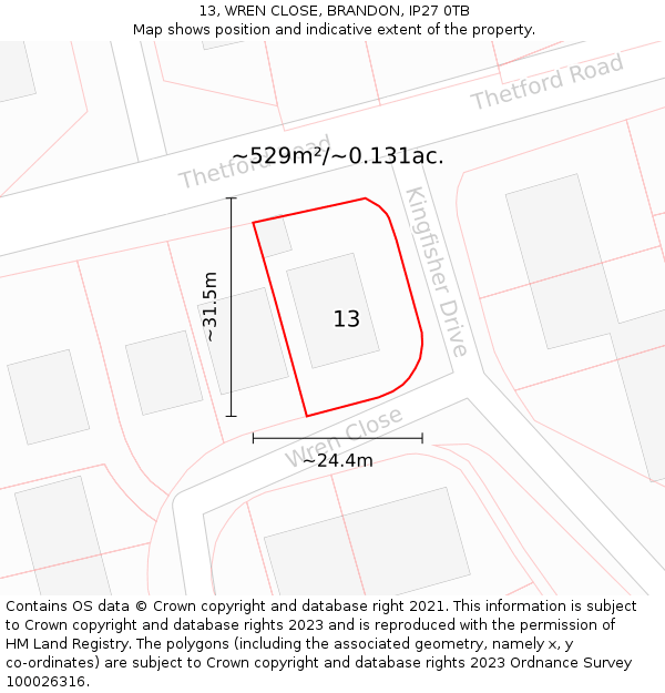 13, WREN CLOSE, BRANDON, IP27 0TB: Plot and title map