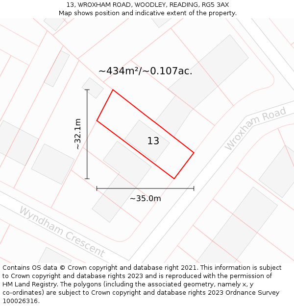 13, WROXHAM ROAD, WOODLEY, READING, RG5 3AX: Plot and title map