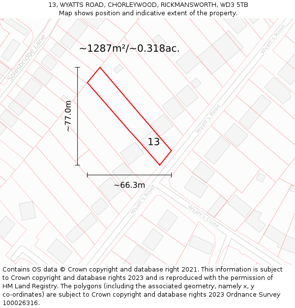 13, WYATTS ROAD, CHORLEYWOOD, RICKMANSWORTH, WD3 5TB: Plot and title map