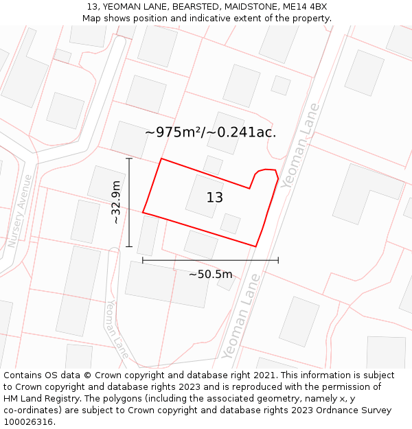 13, YEOMAN LANE, BEARSTED, MAIDSTONE, ME14 4BX: Plot and title map