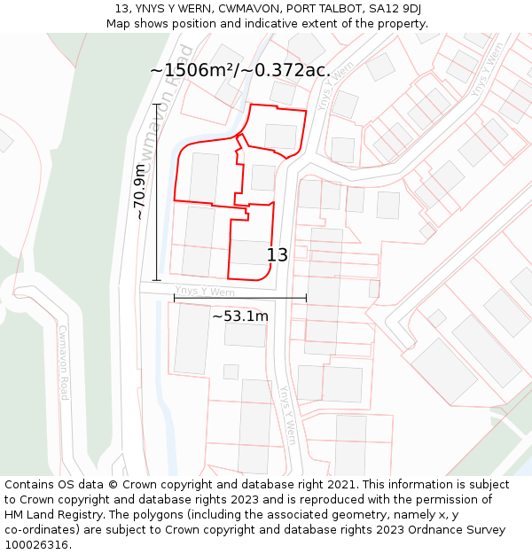 13, YNYS Y WERN, CWMAVON, PORT TALBOT, SA12 9DJ: Plot and title map
