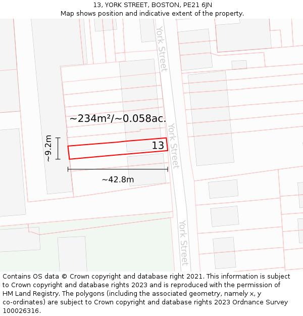 13, YORK STREET, BOSTON, PE21 6JN: Plot and title map
