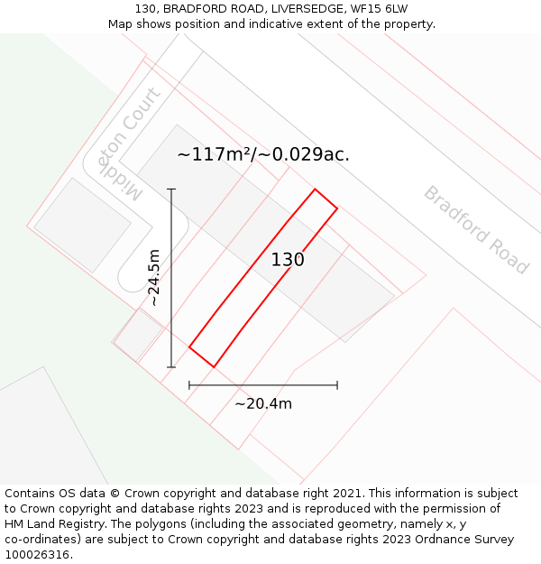 130, BRADFORD ROAD, LIVERSEDGE, WF15 6LW: Plot and title map