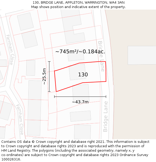130, BRIDGE LANE, APPLETON, WARRINGTON, WA4 3AN: Plot and title map